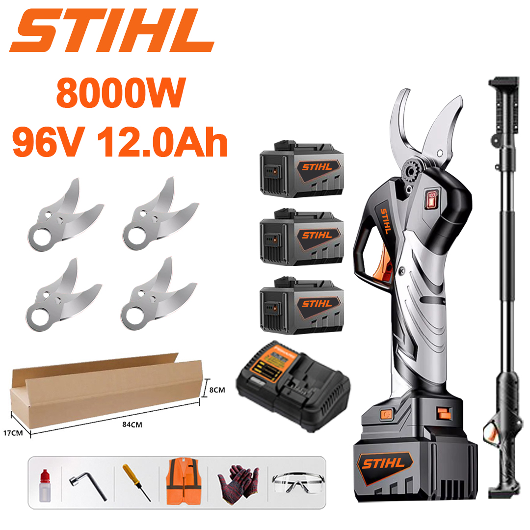 【Produžni stup: 1.5M~4.6M】LED zaslon za napajanje - (36 sati trajanja baterije) 8000W motor bez četkica litijeve baterije škare za orezivanje + 96V 12.0Ah baterija * 3+ punjač +nož ​​od legure SK9  * 4+ kutija za alat + mazivo + zaštitne naočale , 10 godina garancije