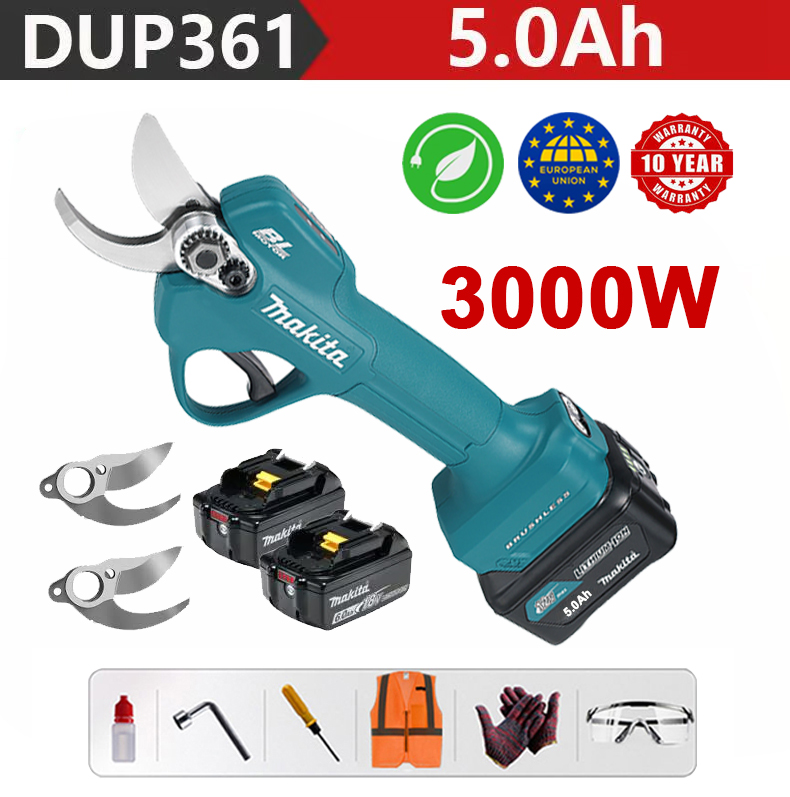 Makita DUP361PT2 vrtlarske škare + LED Power Display - (6 sati trajanja baterije) 3000W motor bez četkica škare s litijskom baterijom + 36V 5.0Ah baterija * 2 + punjač + noževi od legure SK9 * 2 + kutija za alat + mazivo + naočale + 10 godina jamstva